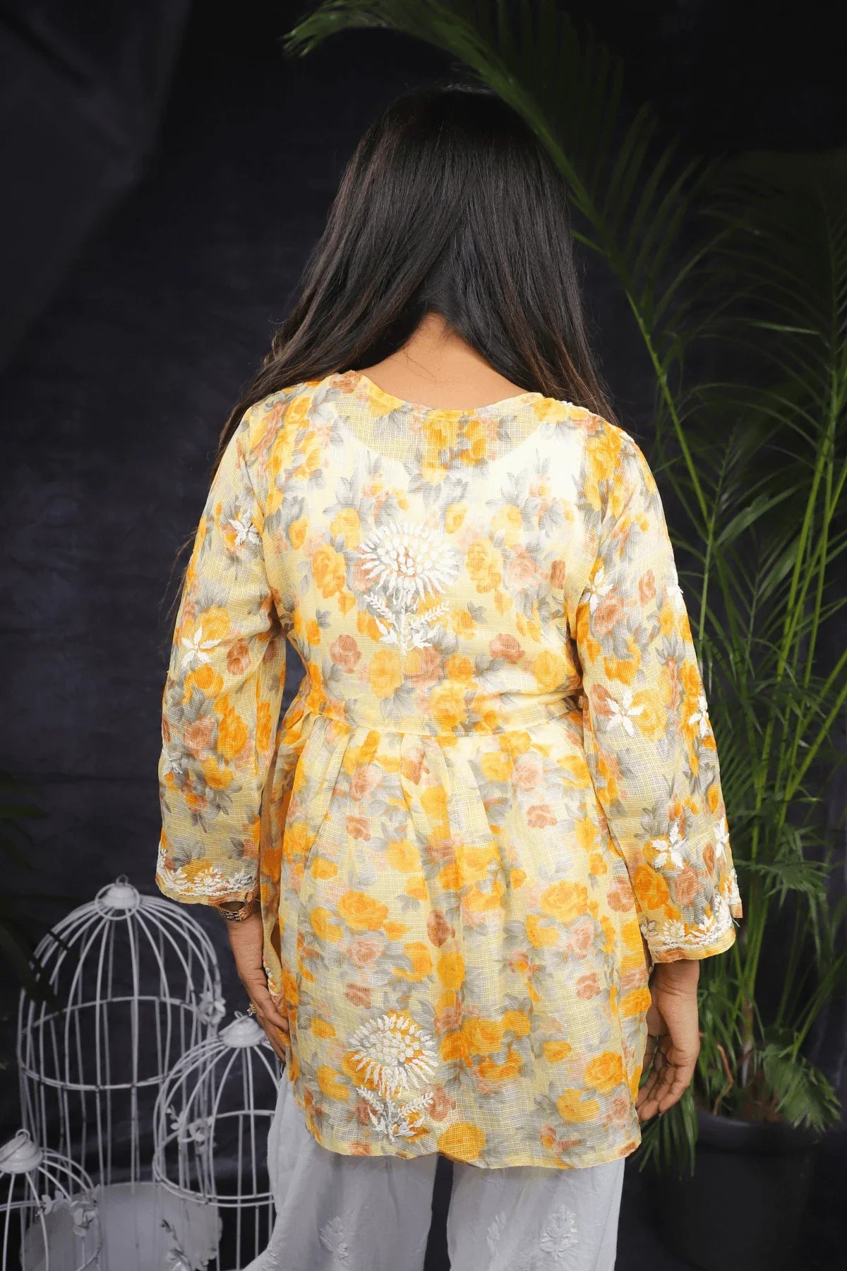 Orange Kota Cotton Chikankari Frock Style Short Kurti - Awadhkari