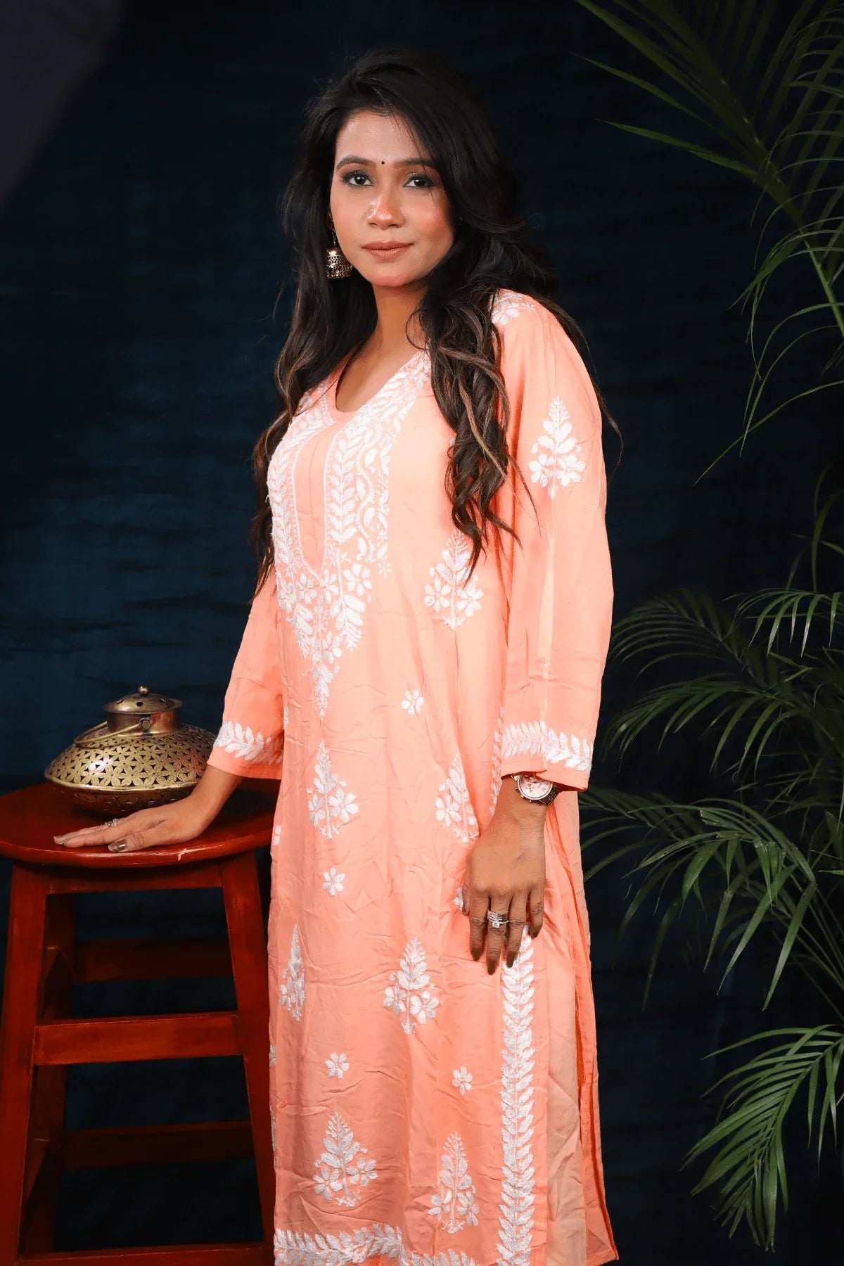 Peach Modal Cotton Long Kurti Palazzo Set - Awadhkari