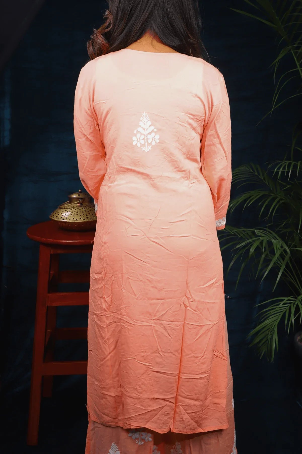 Peach Modal Cotton Long Kurti Palazzo Set - Awadhkari
