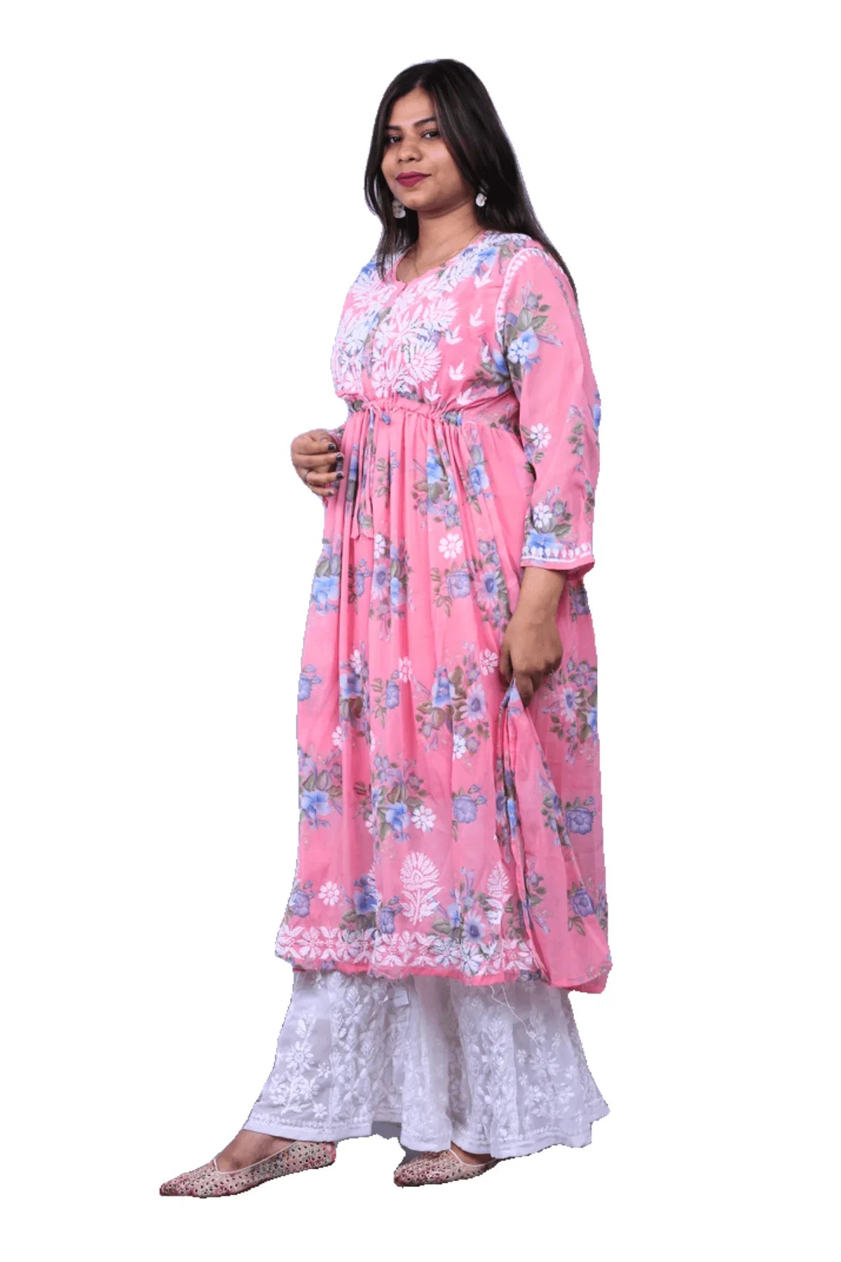 Pink Printed Chiffon Chikankari Frock Style Alya Cut Long Kurti - Awadhkari