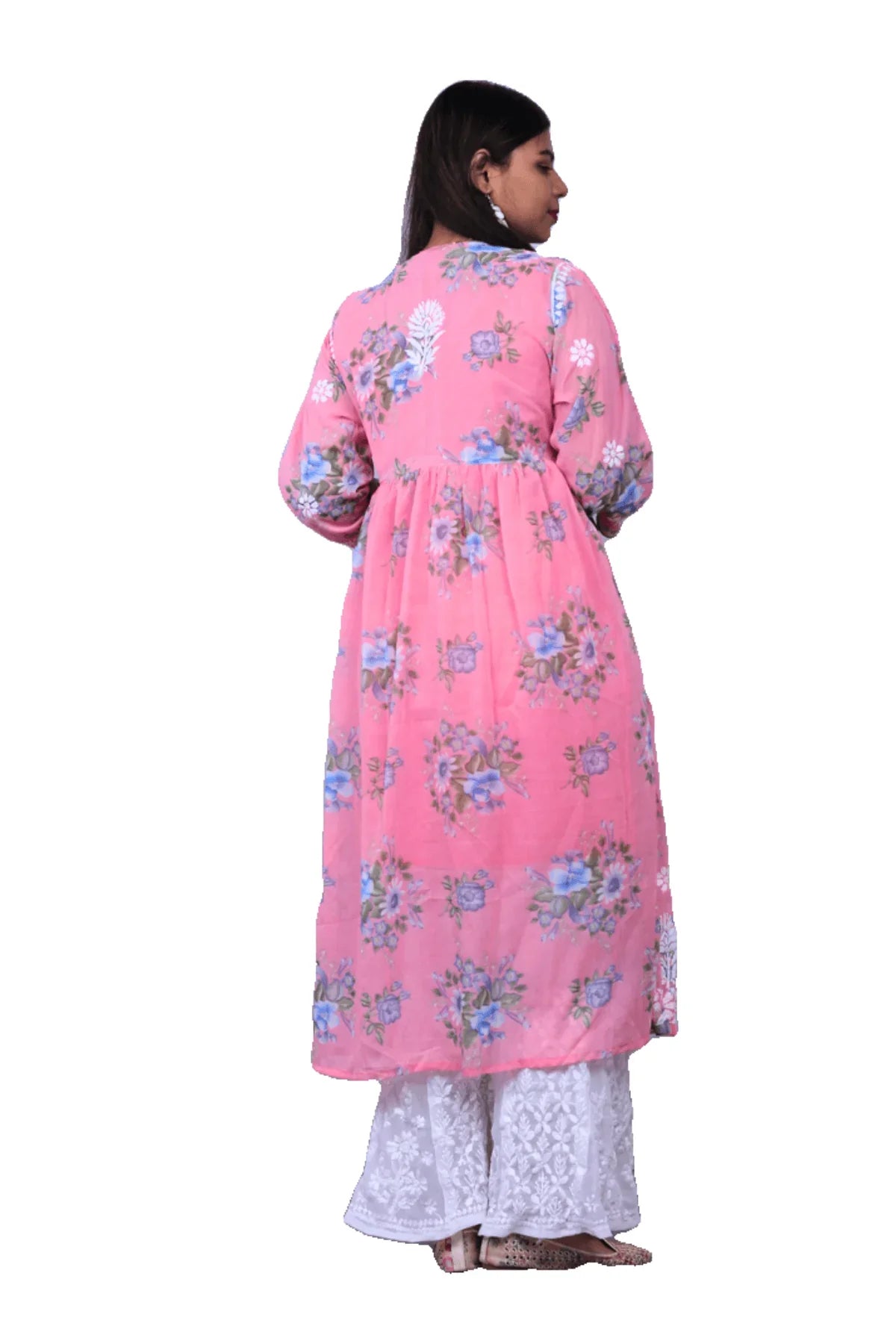 Pink Printed Chiffon Chikankari Frock Style Alya Cut Long Kurti - Awadhkari