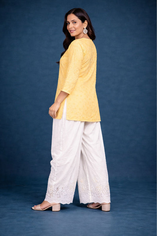 Pastel Yellow Chanderi Silk Chikankari Short Kurta
