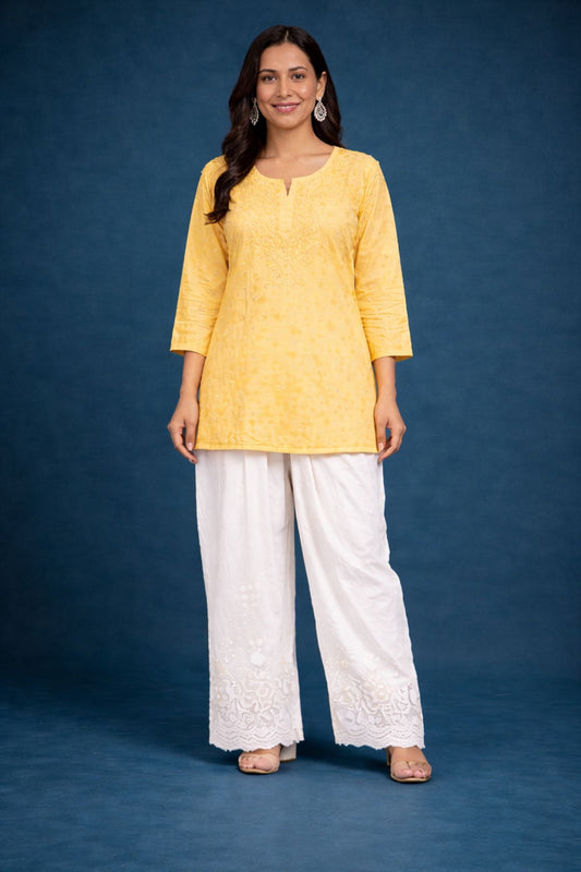 Pastel Yellow Chanderi Silk Chikankari Short Kurta