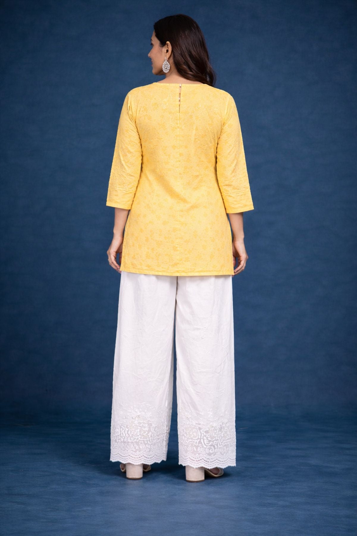 Pastel Yellow Chanderi Silk Chikankari Short Kurta