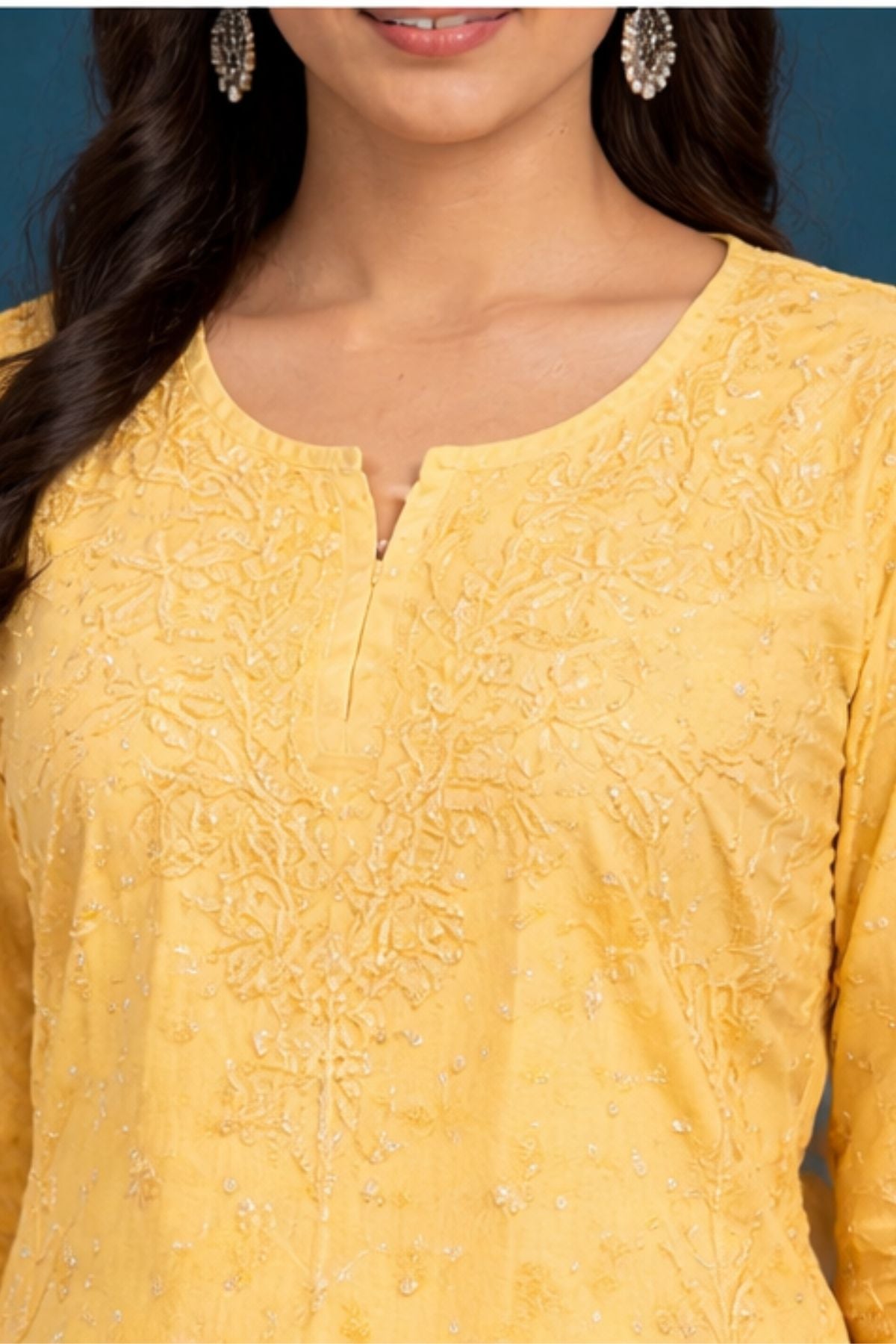 Pastel Yellow Chanderi Silk Chikankari Short Kurta