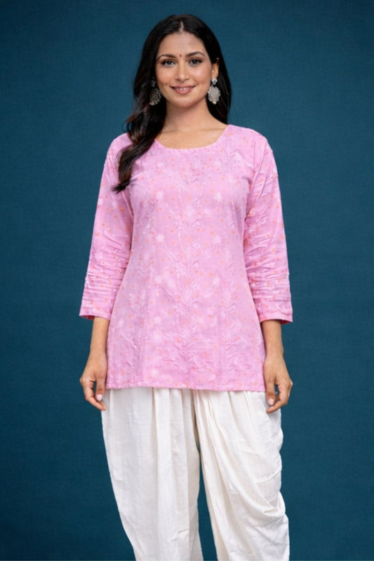 Pastel Pink Chanderi Silk Short Kurta Front Awadhkari