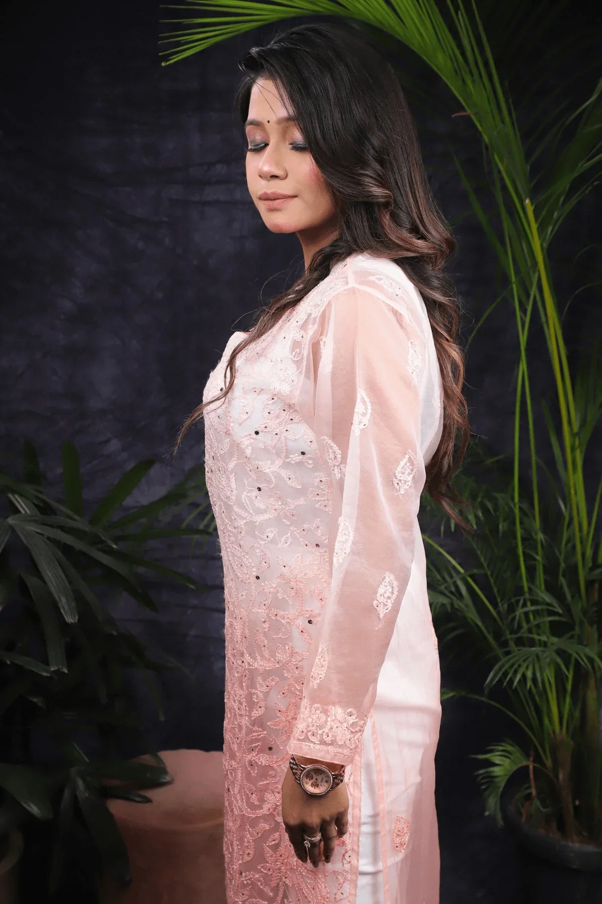 Peach Ambre Orgenza Chikankari with Mukesh Long Kurti - Awadhkari