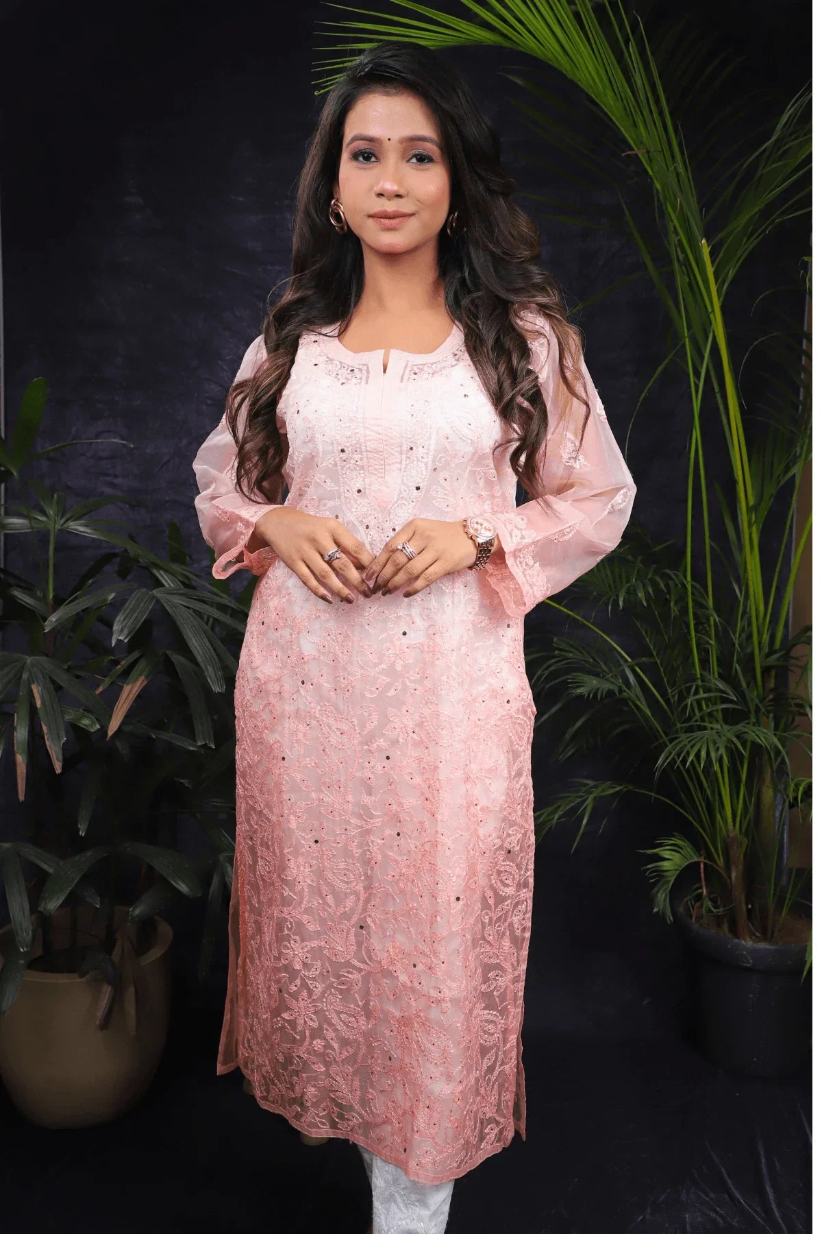 Peach Ambre Orgenza Chikankari with Mukesh Long Kurti - Awadhkari