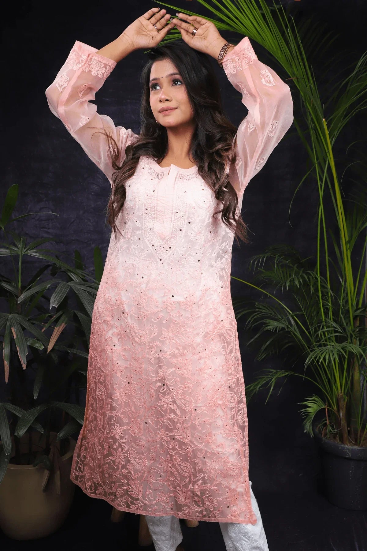 Peach Ambre Orgenza Chikankari with Mukesh Long Kurti - Awadhkari