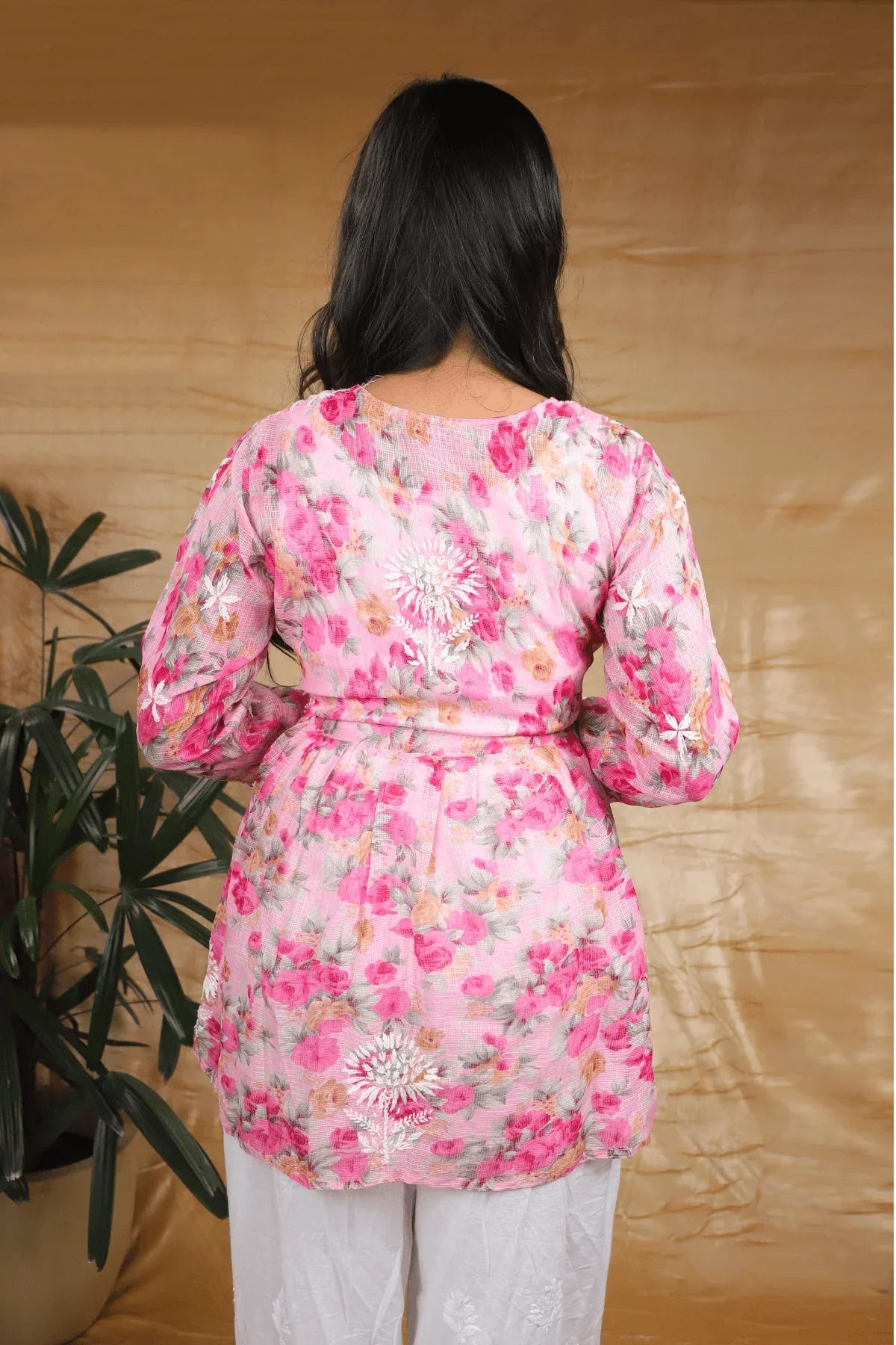 Pink Kota Cotton Chikankari Frock Style Short Kurti - Awadhkari