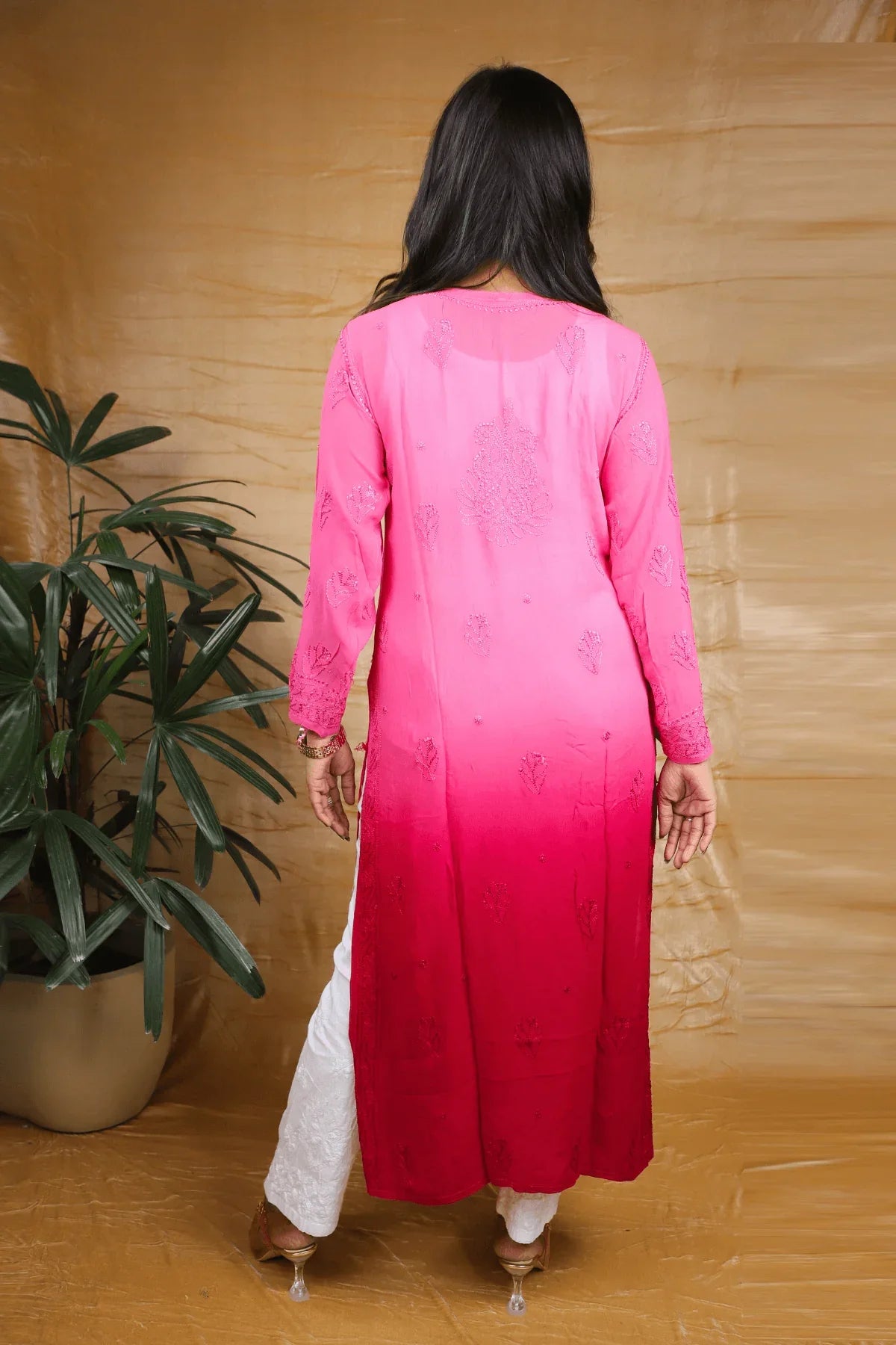 Pink Red Ambre Viscose Full Jaal Fine Chikankari Work Long Kurti - Awadhkari