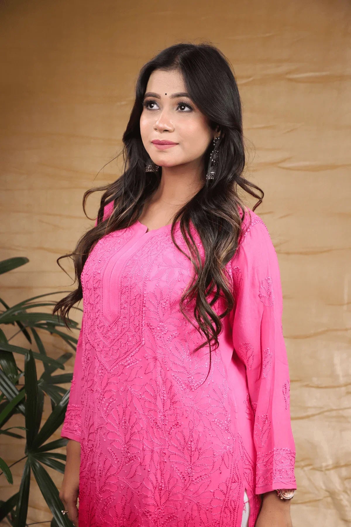Pink Red Ambre Viscose Full Jaal Fine Chikankari Work Long Kurti - Awadhkari