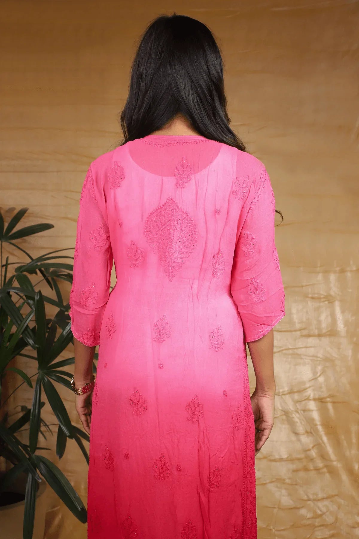 Pink Ambre Viscose Full Jaal Fine Chikankari Work with Mukesh Long Kurti - Awadhkari