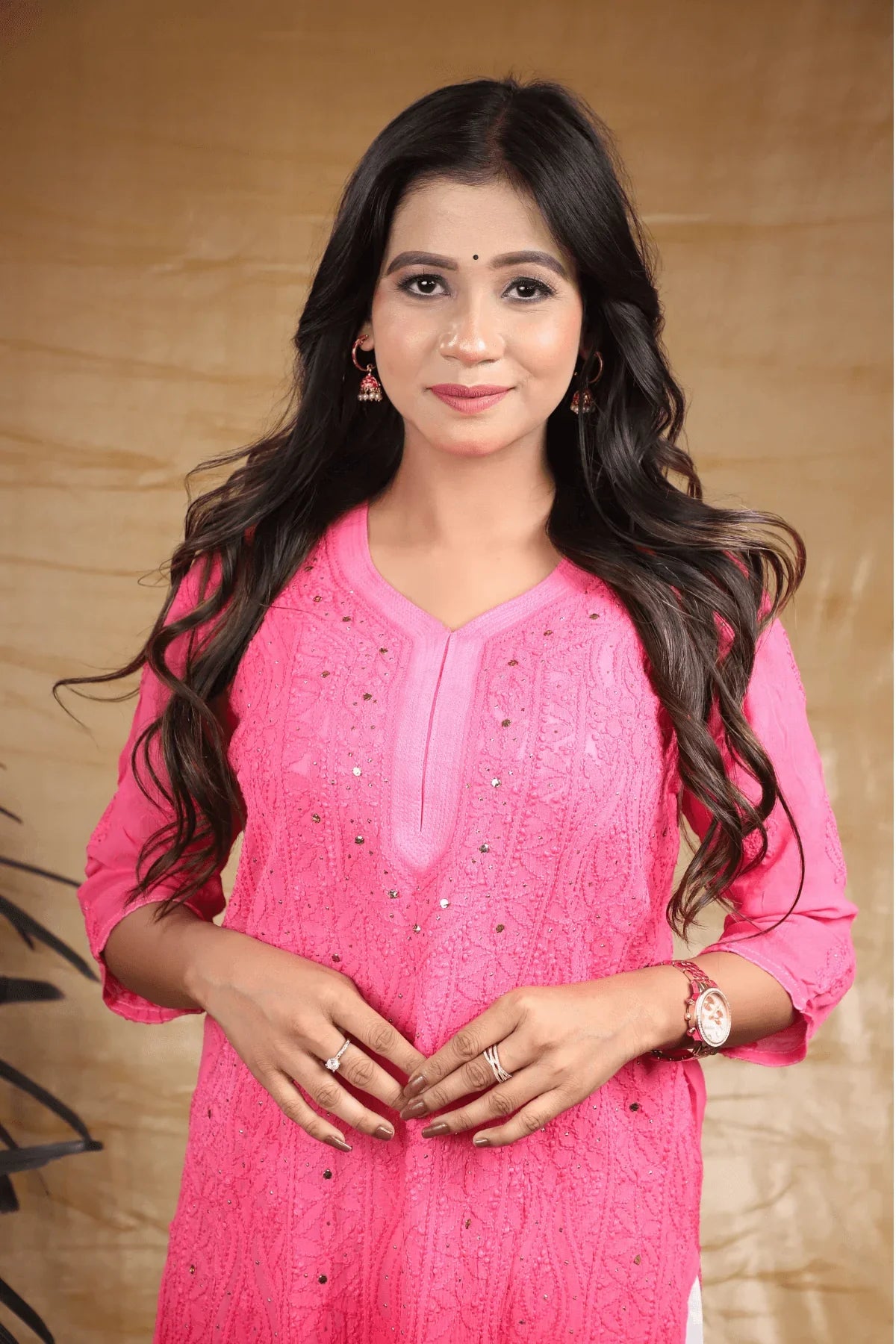 Pink Ambre Viscose Full Jaal Fine Chikankari Work with Mukesh Long Kurti - Awadhkari