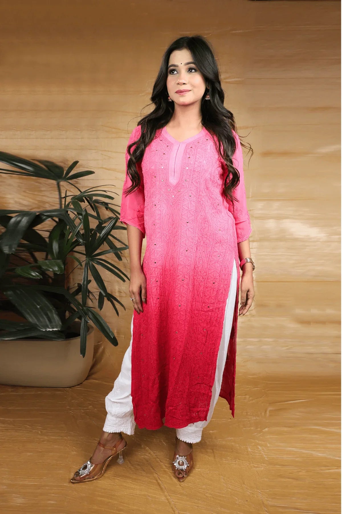 Pink Ambre Viscose Full Jaal Fine Chikankari Work with Mukesh Long Kurti - Awadhkari