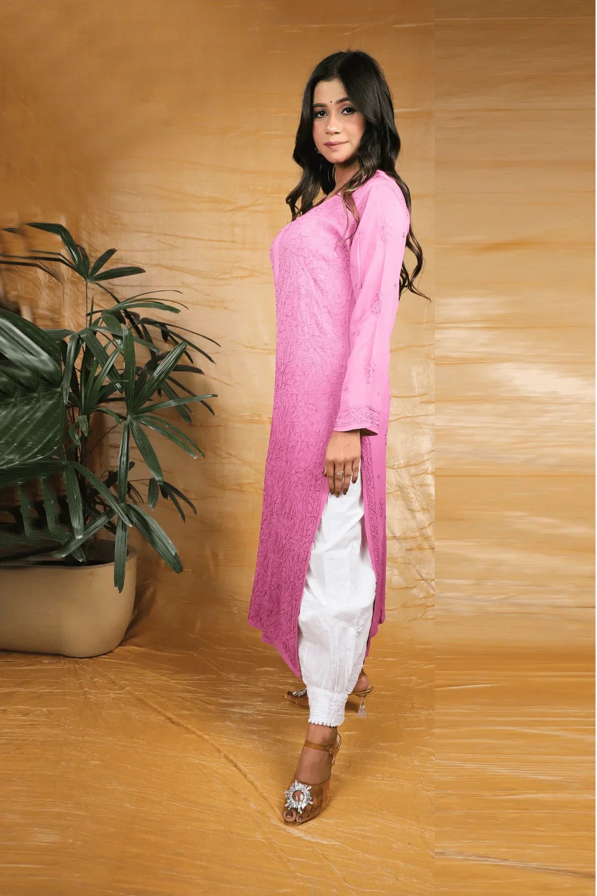 Pink Wine Ambre Viscose Full Jaal Fine Chikankari Work Long Kurti - Awadhkari