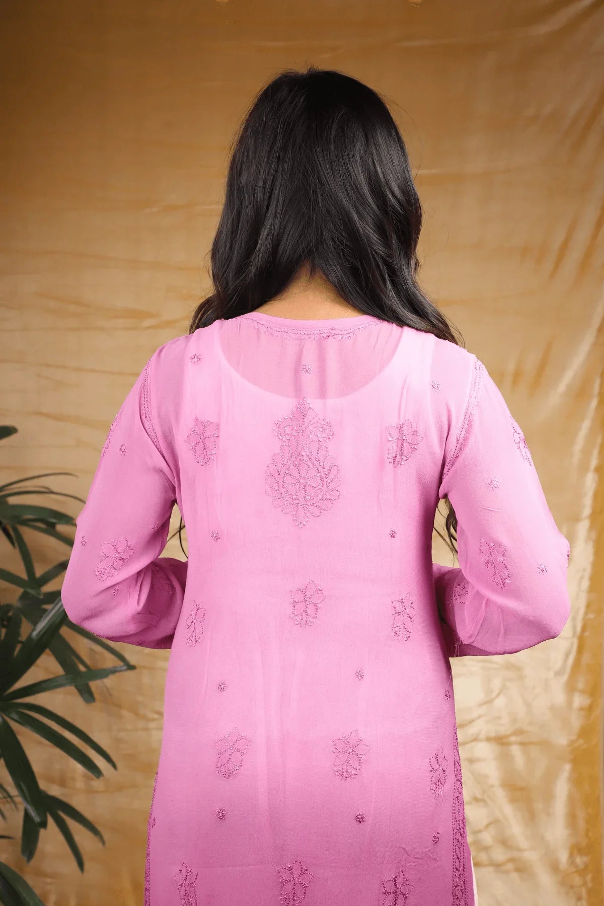 Pink Wine Ambre Viscose Full Jaal Fine Chikankari Work Long Kurti - Awadhkari