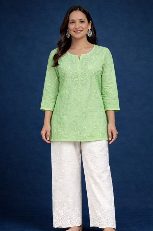 Pista Green Chanderi Silk Chikankari Short Kurta