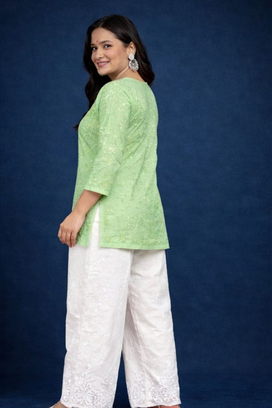 Pista Green Chanderi Silk Chikankari Short Kurta