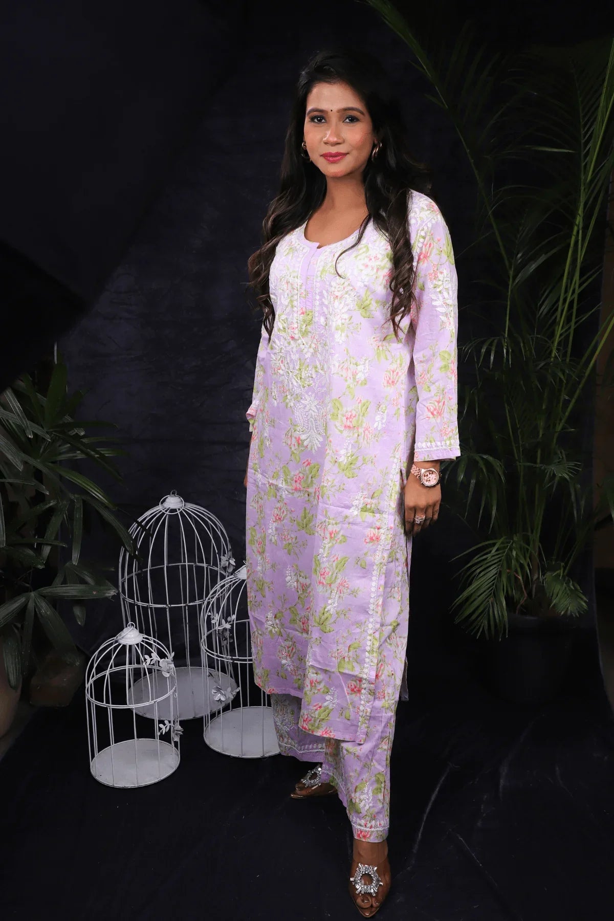 Purple Floral Print Mal Cotton Chikankari Palazzo Set - Awadhkari