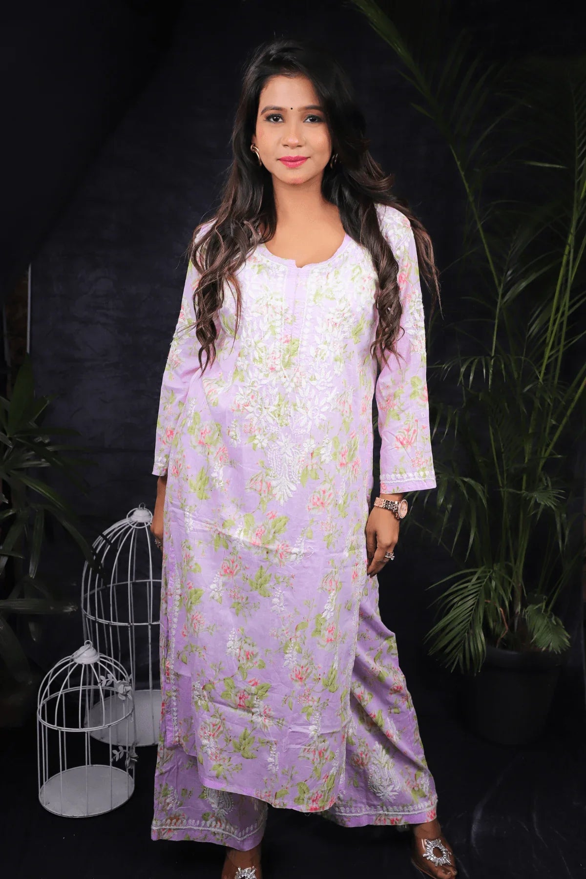 Purple Floral Print Mal Cotton Chikankari Palazzo Set - Awadhkari