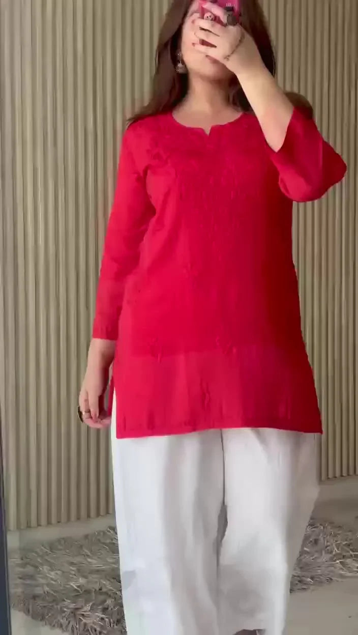 Red Mal Cotton Chikankari Handwork Short Kurti - Awadhkari