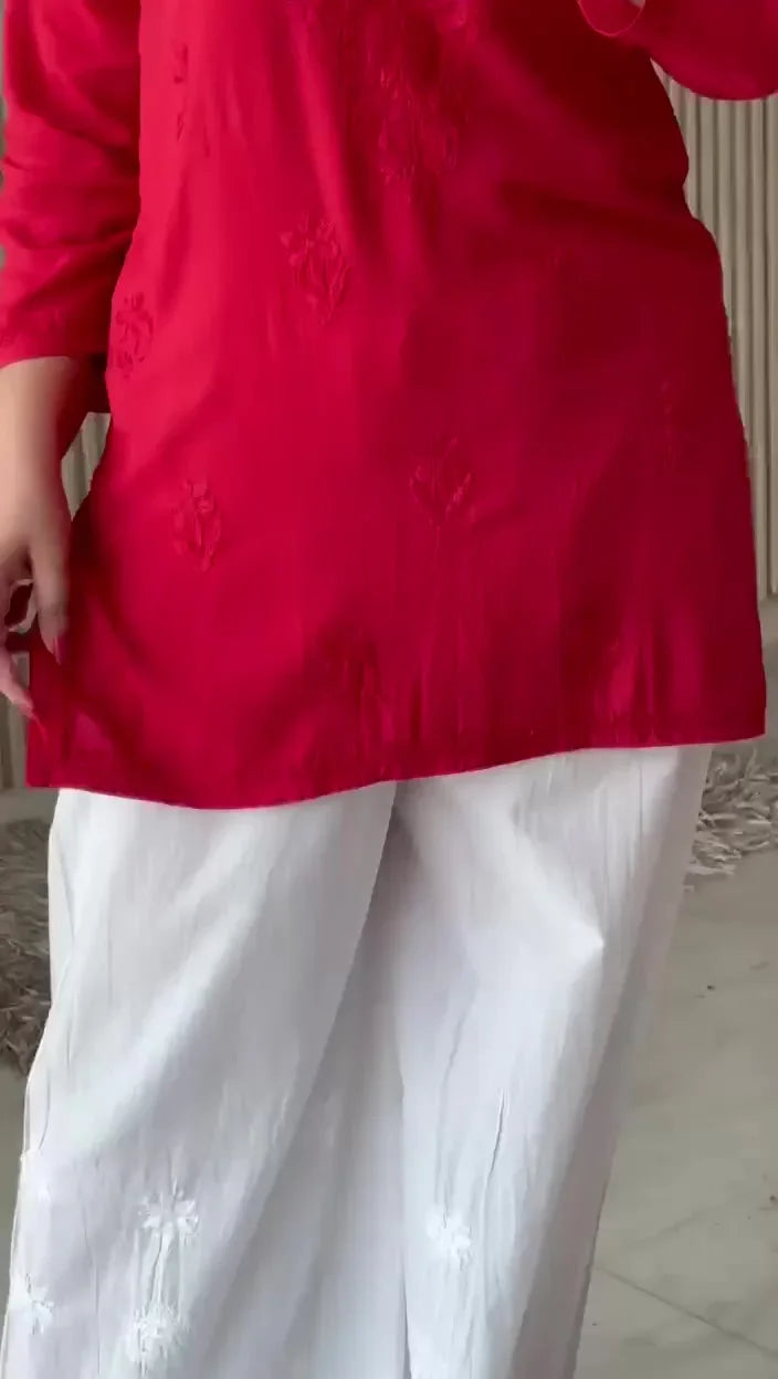 Red Mal Cotton Chikankari Handwork Short Kurti - Awadhkari