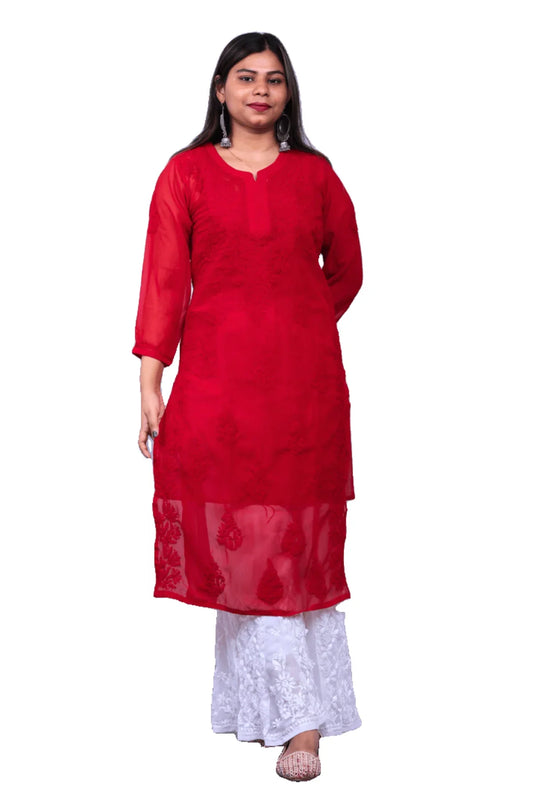 Red Tone-on-Tone Chikankari Georgette Long Kurti - Awadhkari