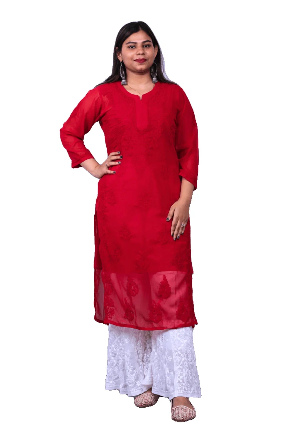 Red Tone-on-Tone Chikankari Georgette Long Kurti - Awadhkari