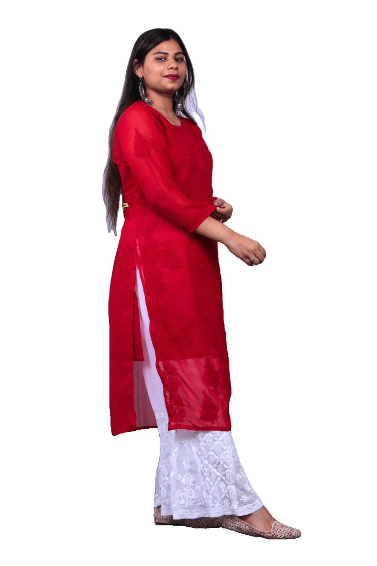 Red Tone-on-Tone Chikankari Georgette Long Kurti - Awadhkari