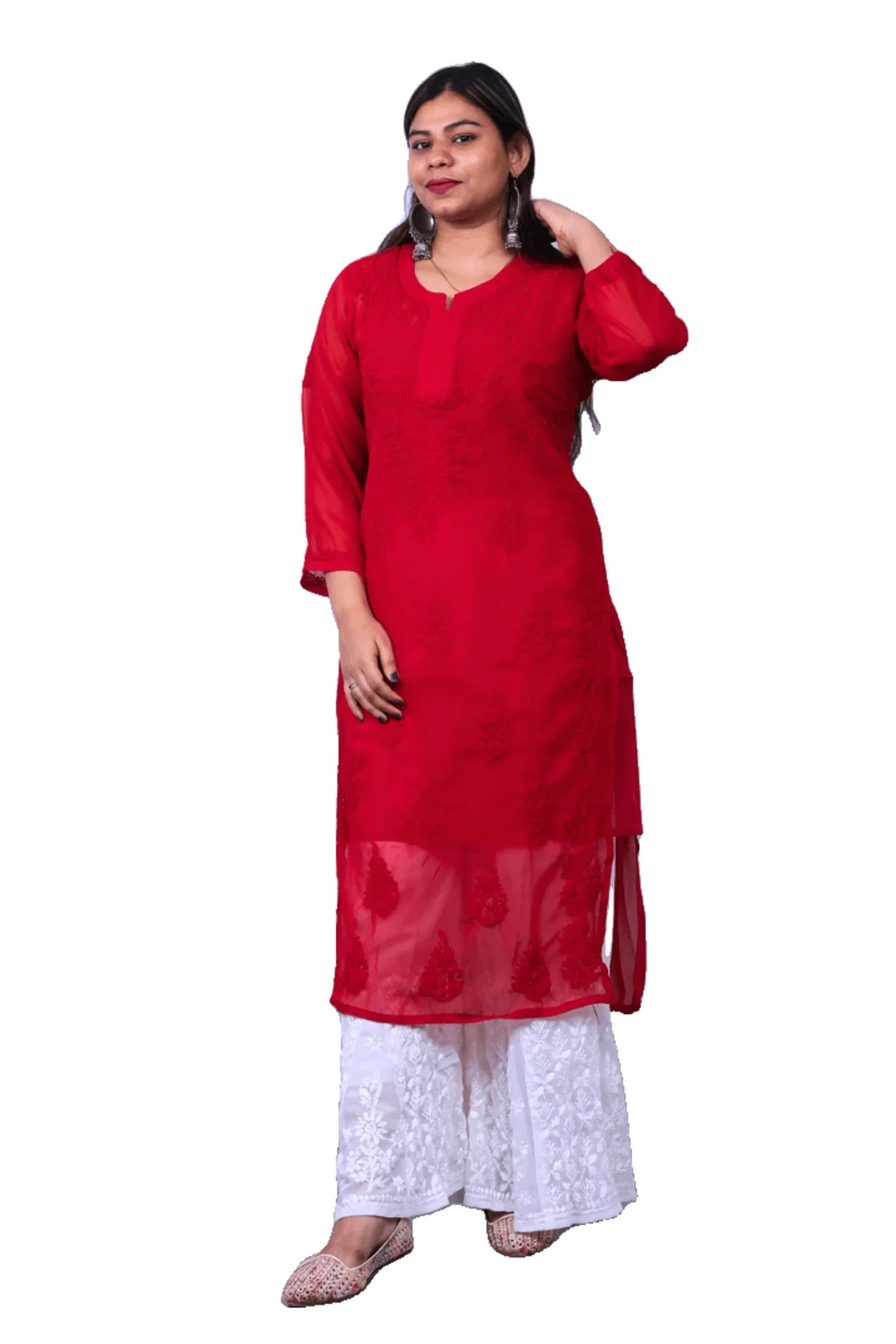 Red Tone-on-Tone Chikankari Georgette Long Kurti - Awadhkari