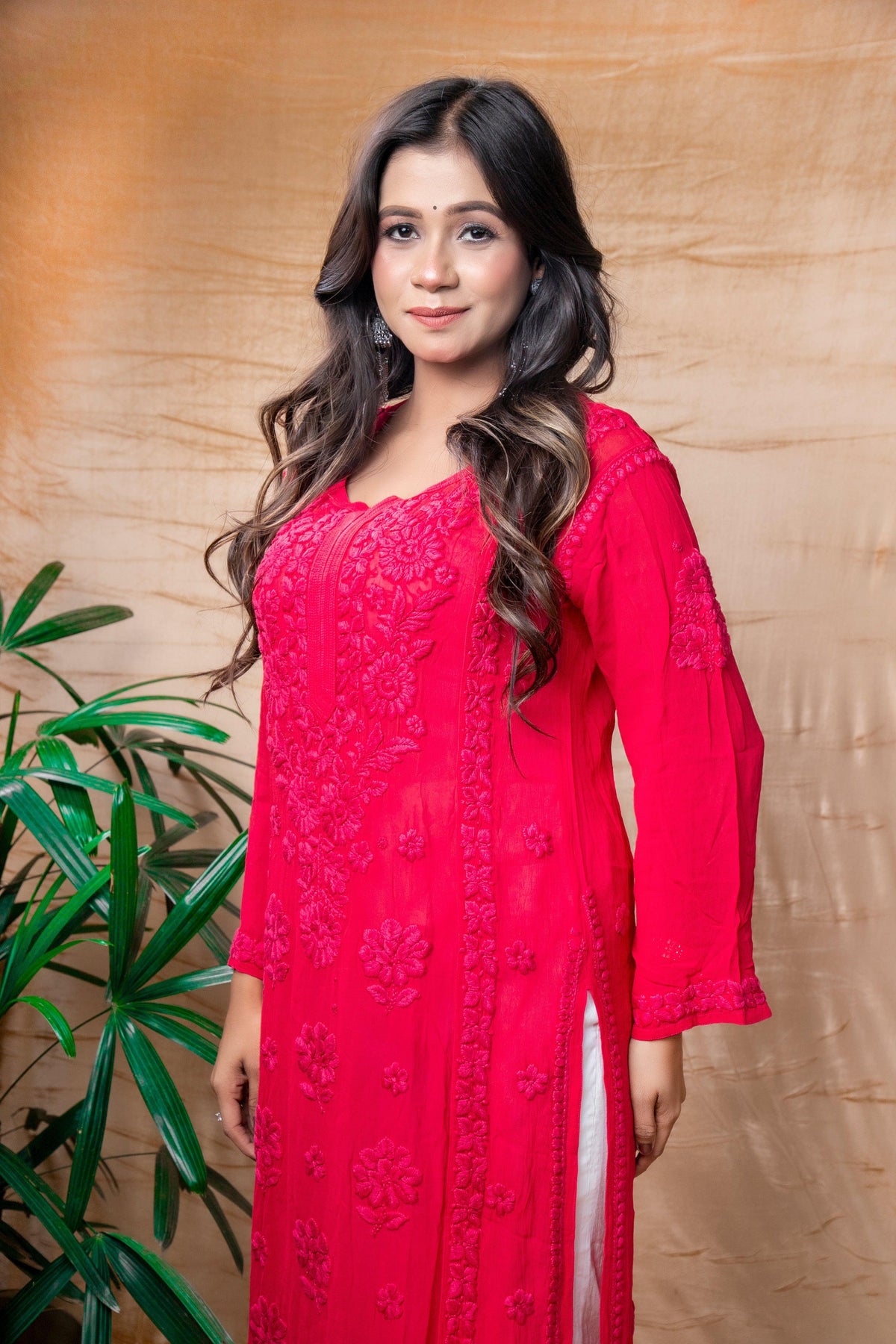 Red Pure Viscose Premium Handwork Chikankari Long Kurti - Awadhkari