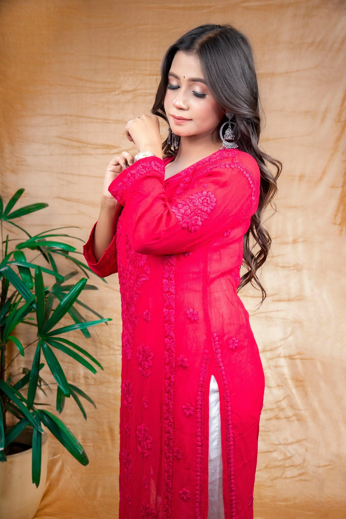 Red Pure Viscose Premium Handwork Chikankari Long Kurti - Awadhkari
