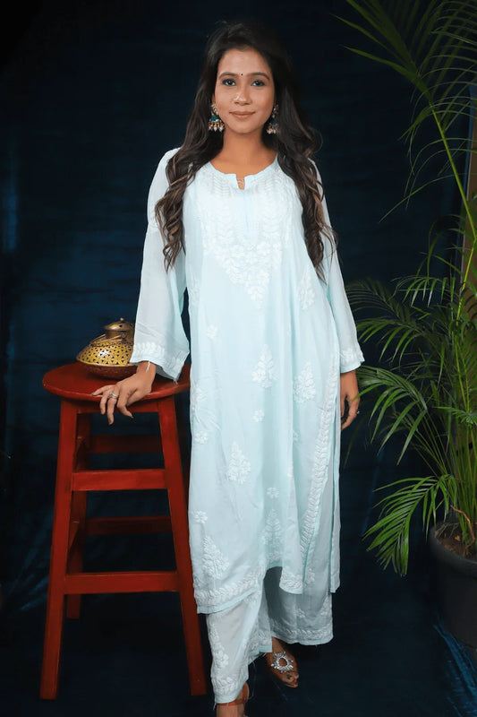Sea Green Modal Cotton Long Kurti Palazzo Set (Copy) - Awadhkari