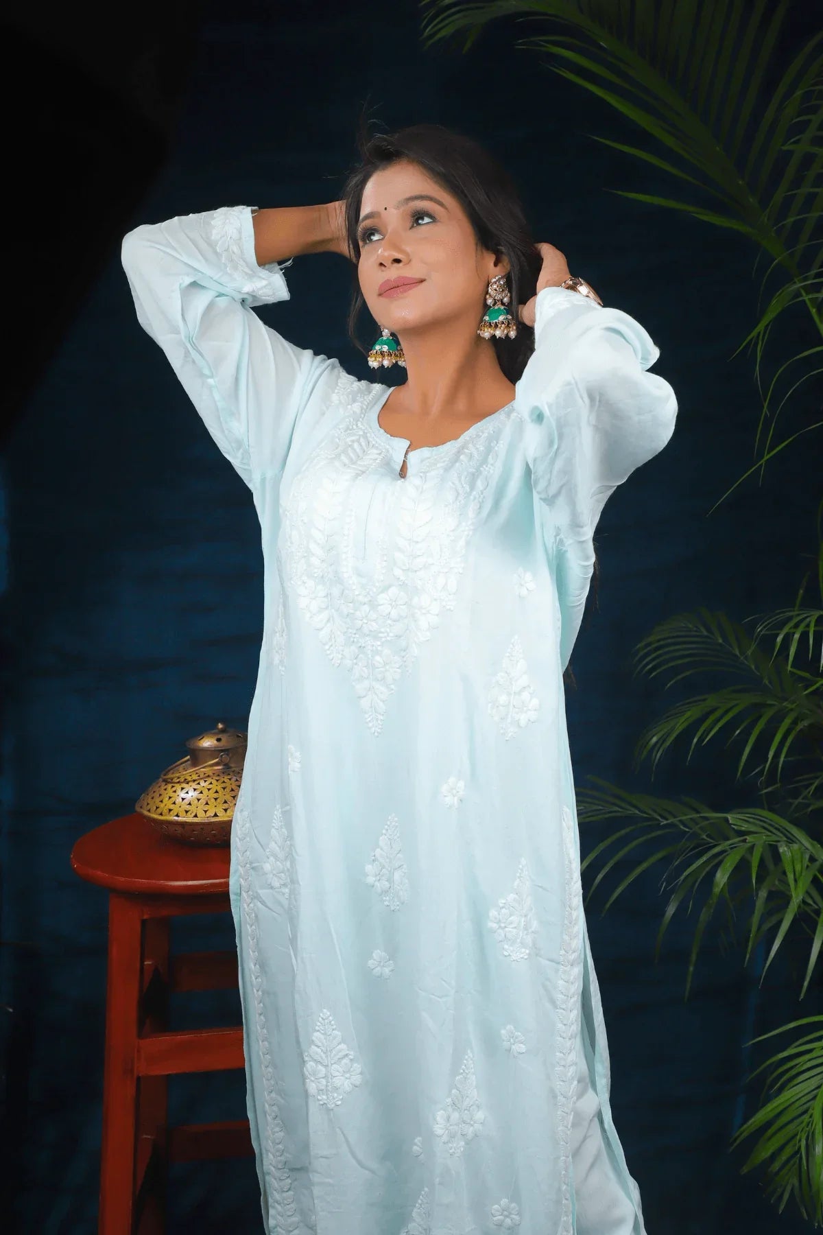 Sea Green Modal Cotton Long Kurti Palazzo Set (Copy) - Awadhkari