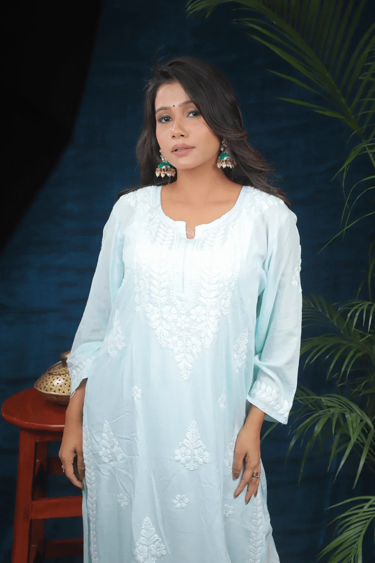Sea Green Modal Cotton Long Kurti Palazzo Set (Copy) - Awadhkari