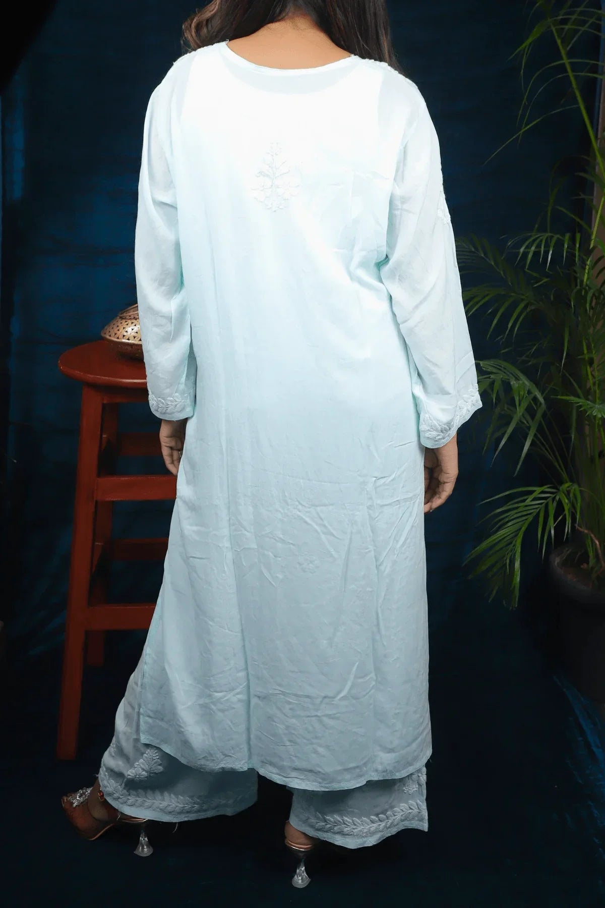 Sea Green Modal Cotton Long Kurti Palazzo Set (Copy) - Awadhkari