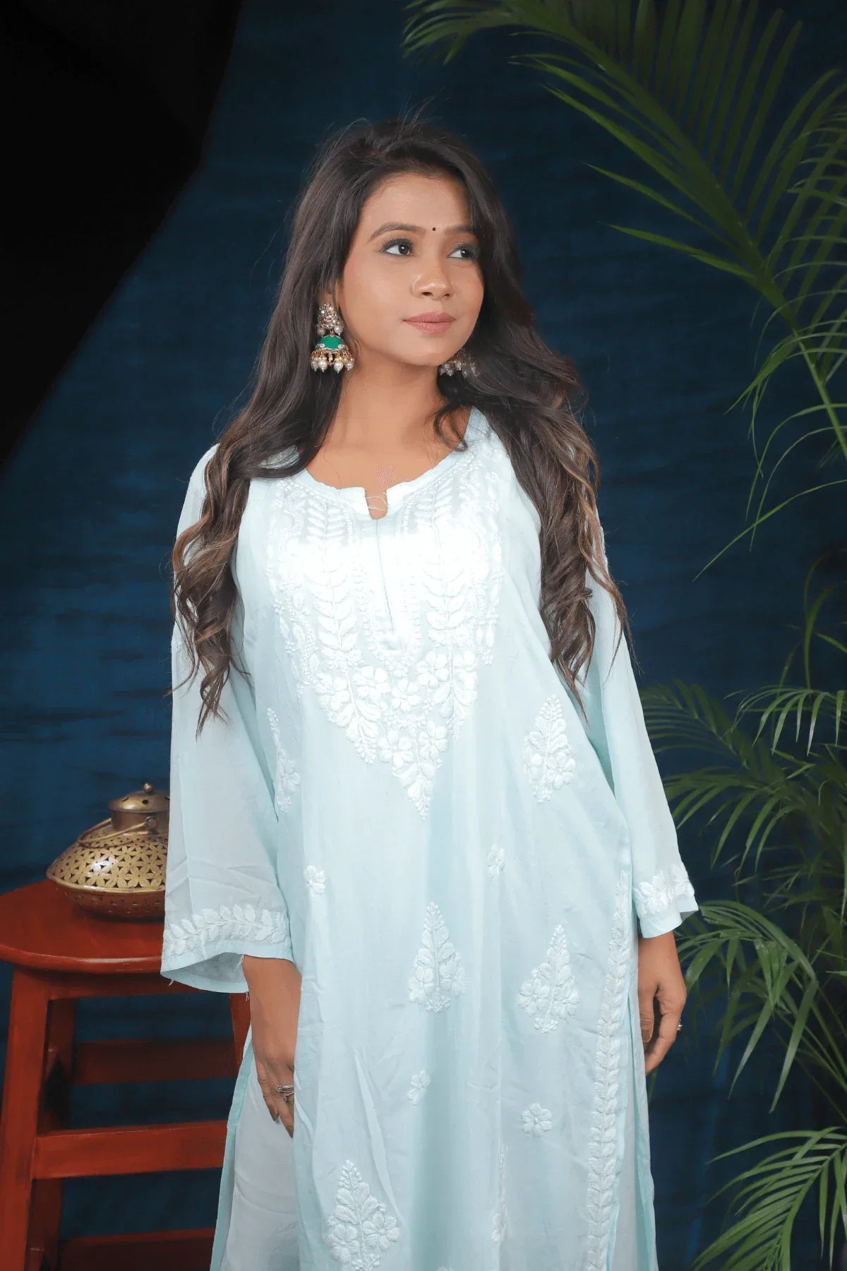 Sea Green Modal Cotton Long Kurti Palazzo Set (Copy) - Awadhkari