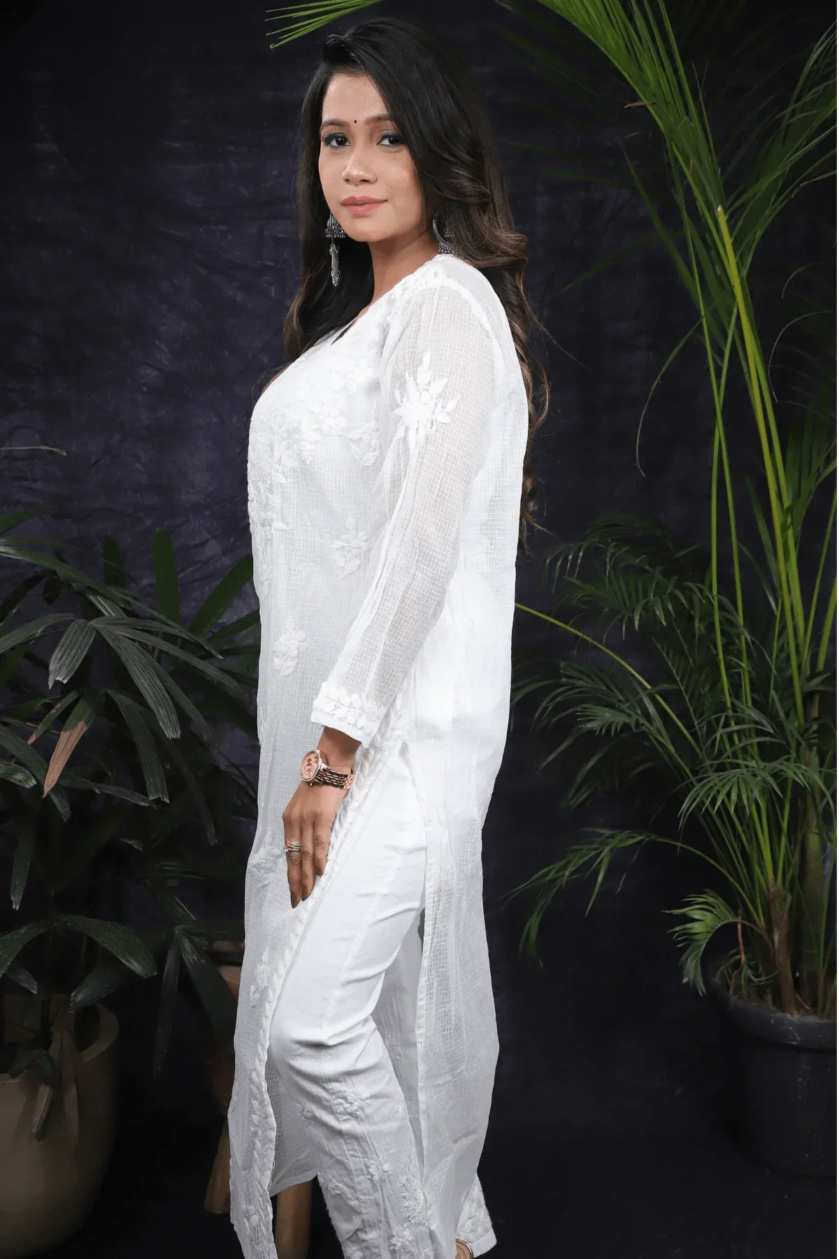 White Chikankari Kota Cotton Long Kurti - Awadhkari