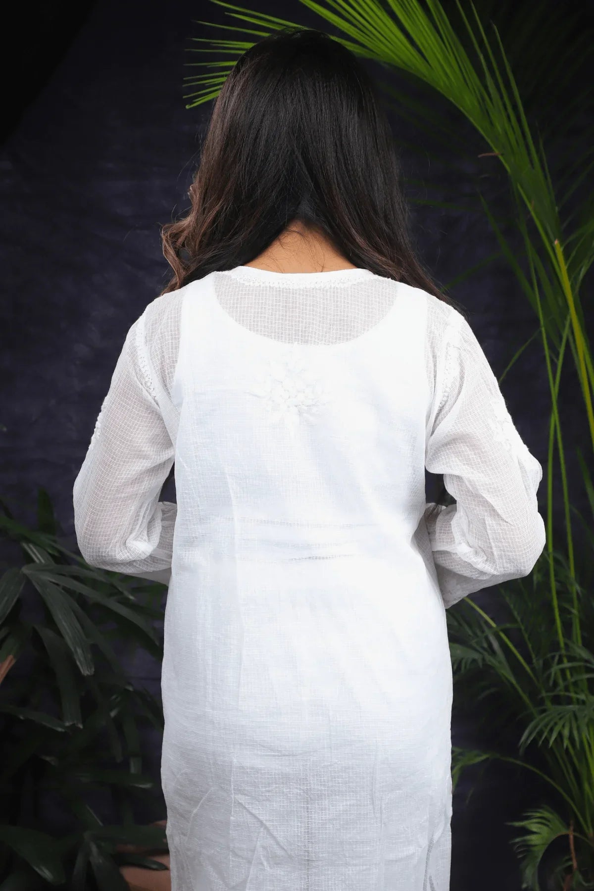 White Chikankari Kota Cotton Long Kurti - Awadhkari