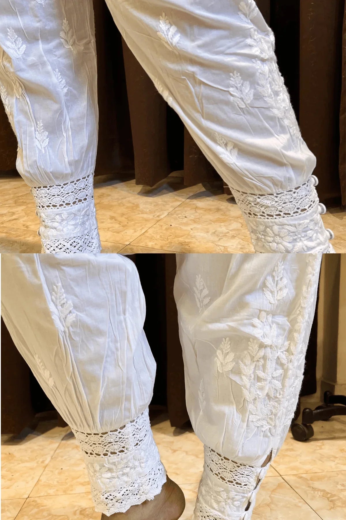White Hand Embroidered Lucknowi Chikankari Afghani Style Palazzo - Awadhkari