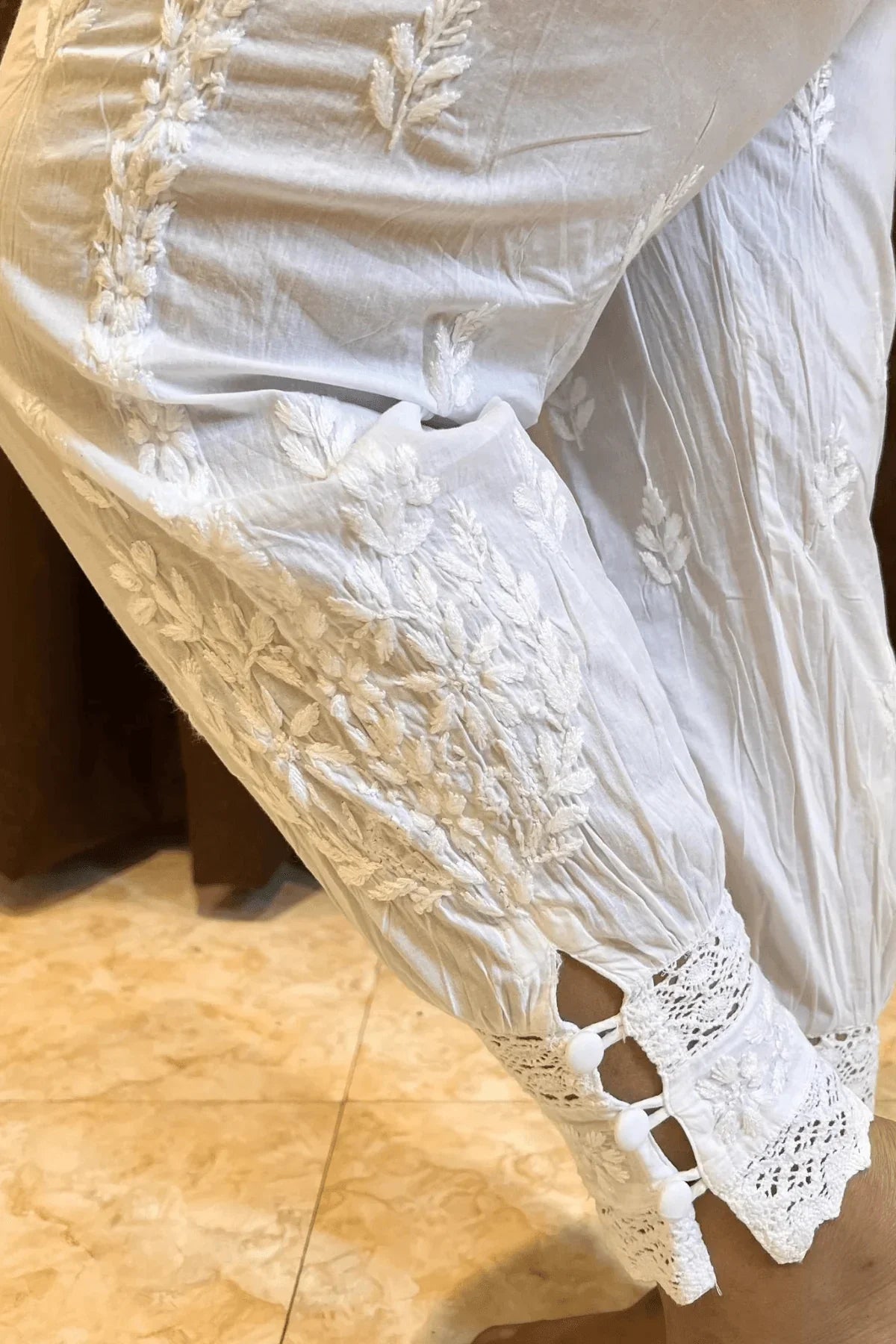 White Hand Embroidered Lucknowi Chikankari Afghani Style Palazzo - Awadhkari