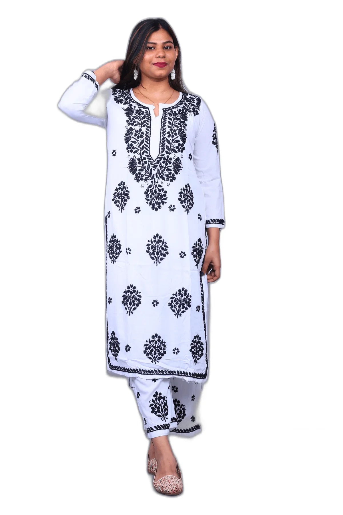 White Modal Cotton Kurti Palazzo Set - Awadhkari