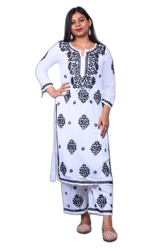 White Modal Cotton Kurti Palazzo Set - Awadhkari