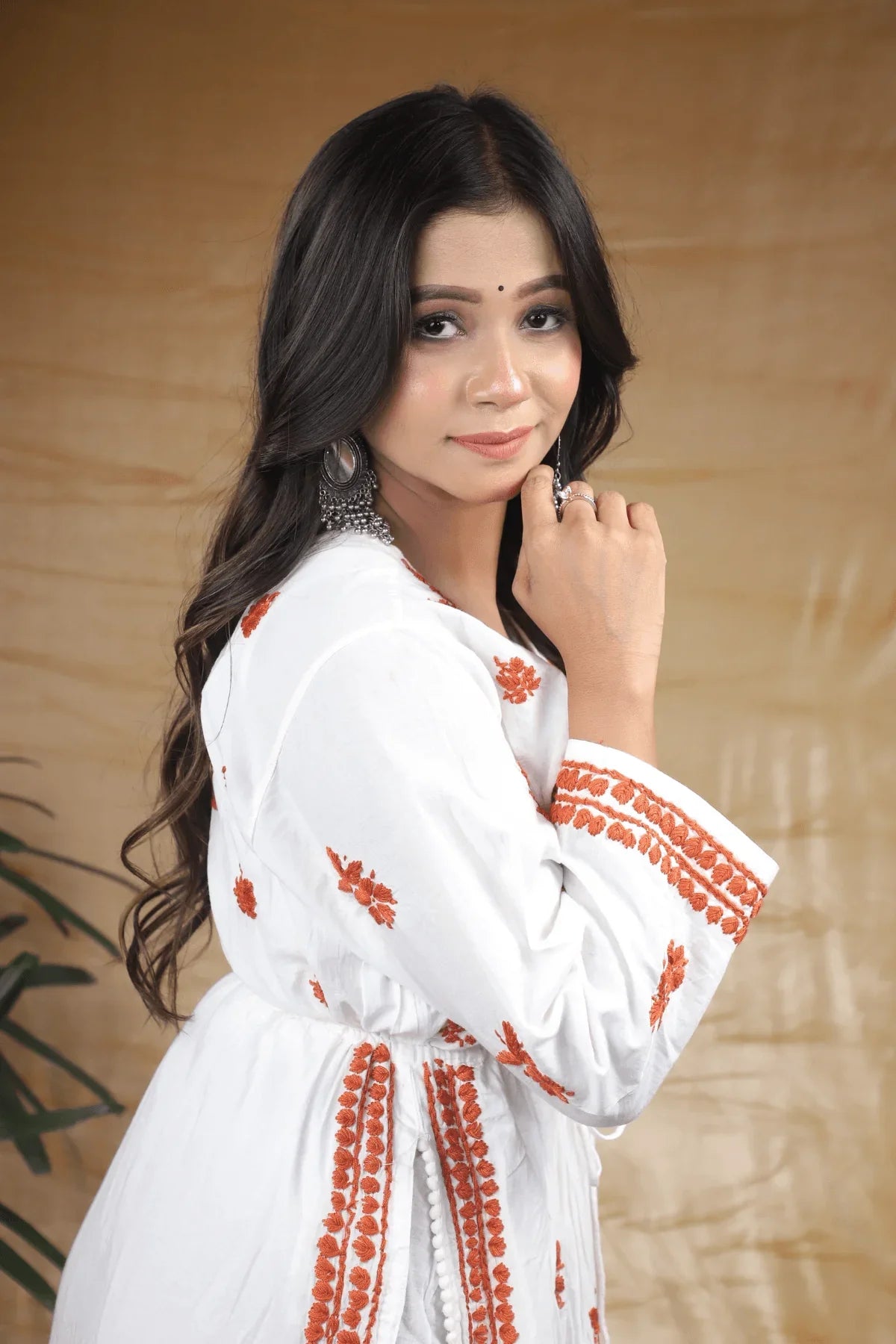 White & Brown Nyra Cut Anarkali Style Chikankari Cotton Long Kurti - Awadhkari