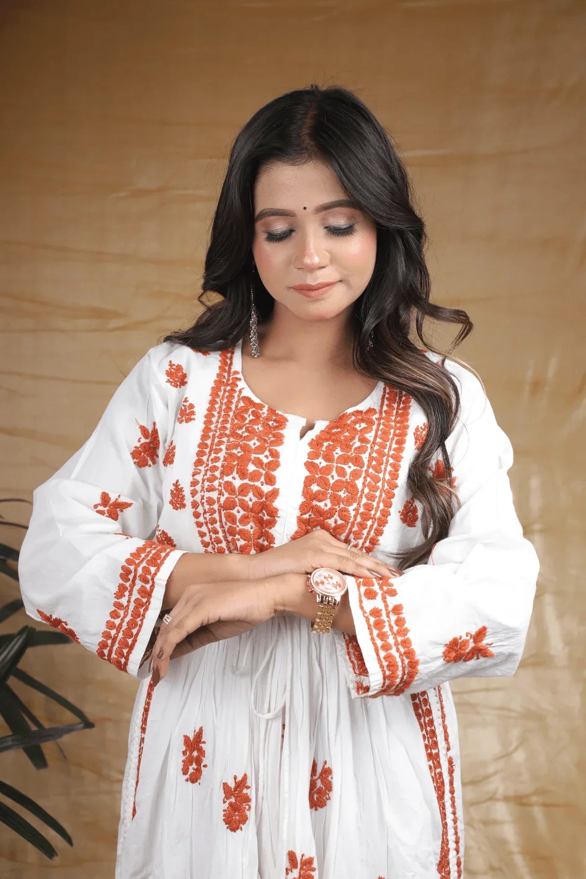 White & Brown Nyra Cut Anarkali Style Chikankari Cotton Long Kurti - Awadhkari