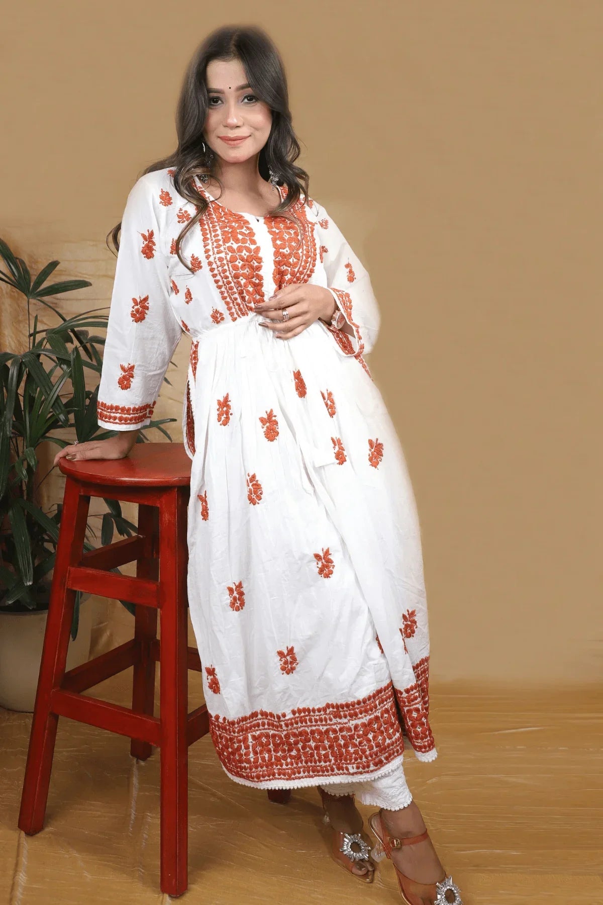 White & Brown Nyra Cut Anarkali Style Chikankari Cotton Long Kurti - Awadhkari