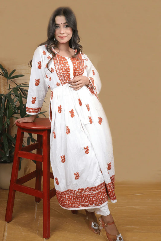 White & Brown Nyra Cut Anarkali Style Chikankari Cotton Long Kurti - Awadhkari