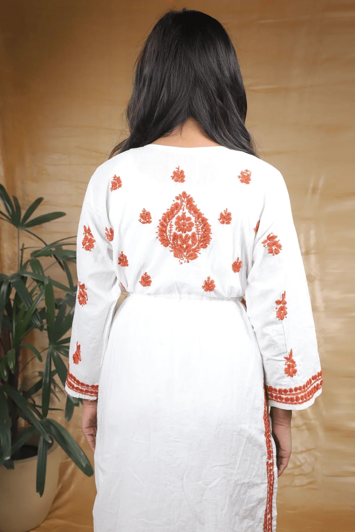 White & Brown Nyra Cut Anarkali Style Chikankari Cotton Long Kurti - Awadhkari