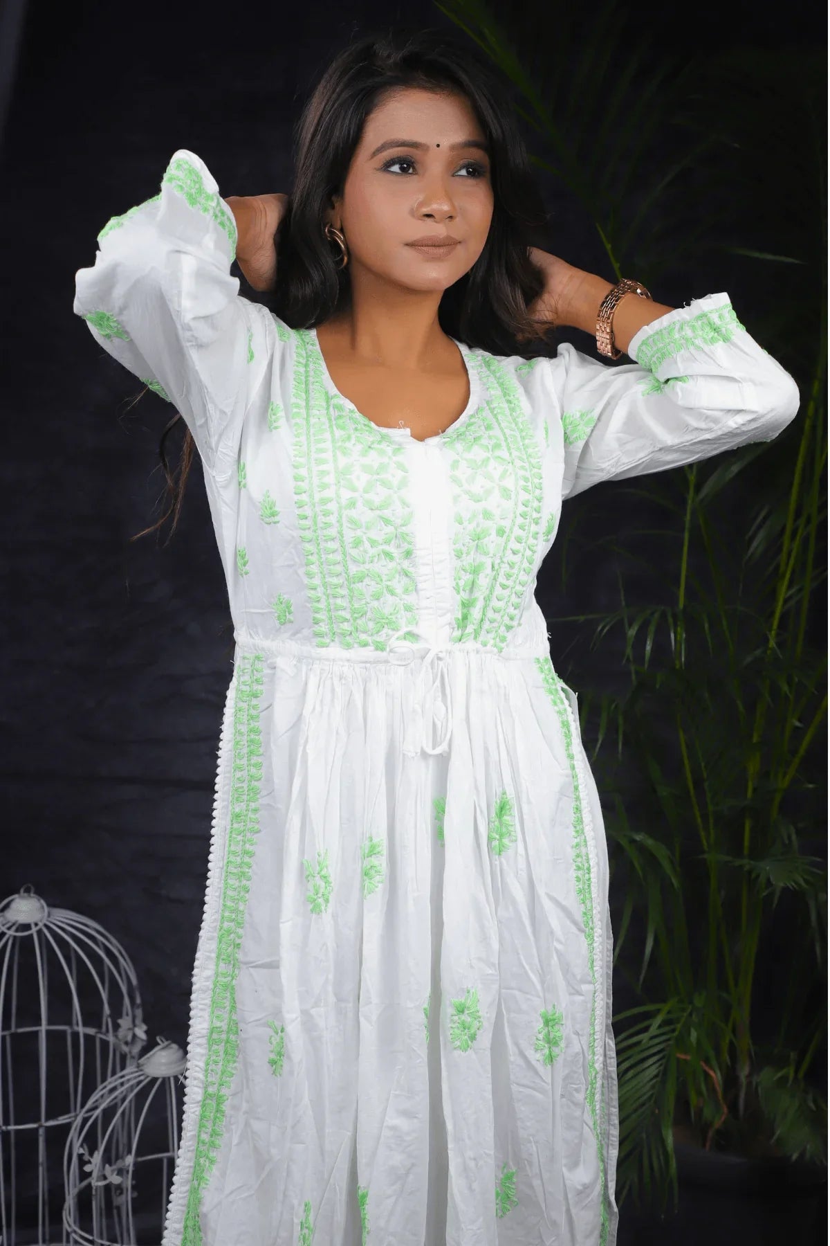 White & Light Green Nyra Cut Anarkali Style Chikankari Cotton Long Kurti - Awadhkari